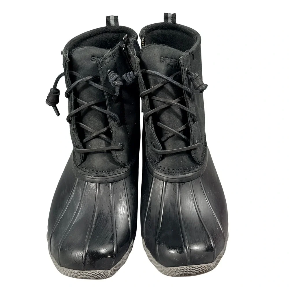 Sperry Saltwater Duck Boots Womens 9 Black Leather Rubber Waterproof Rain Boot